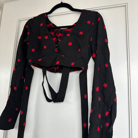Proenza Schouler Long-sleeved Crop Top Sz 0 Back Bow Belt Black Red Polka Dot - Picture 6 of 10